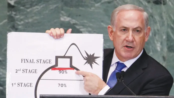ADDRESSING THE UN General Assembly in 2012, Prime Minister Benjamin Netanyahu points to a red line regarding Iran’s nuclear program. (photo credit: LUCAS JACKSON/REUTERS)
