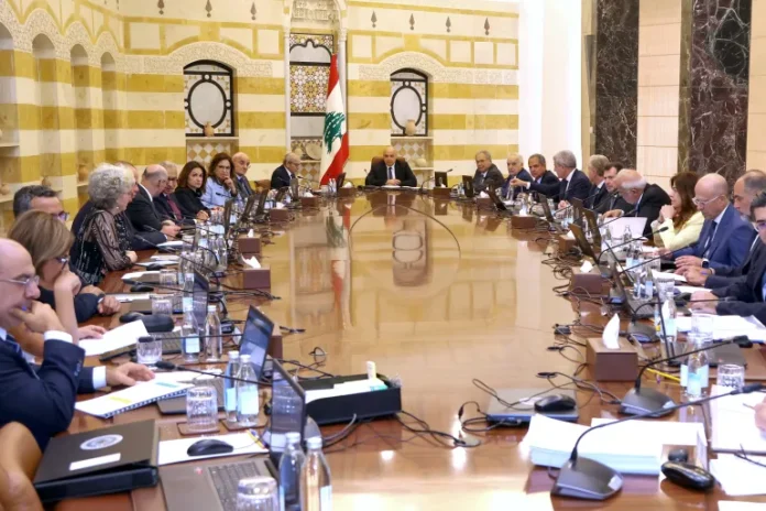 Lebanon's President Joseph Aoun (centre) chairs a cabinet session to discuss disarming Hezbollah at the presidential palace in Baabda east of Beirut, August 5, 2025 [Handout photo from Lebanese Presidency via AP]